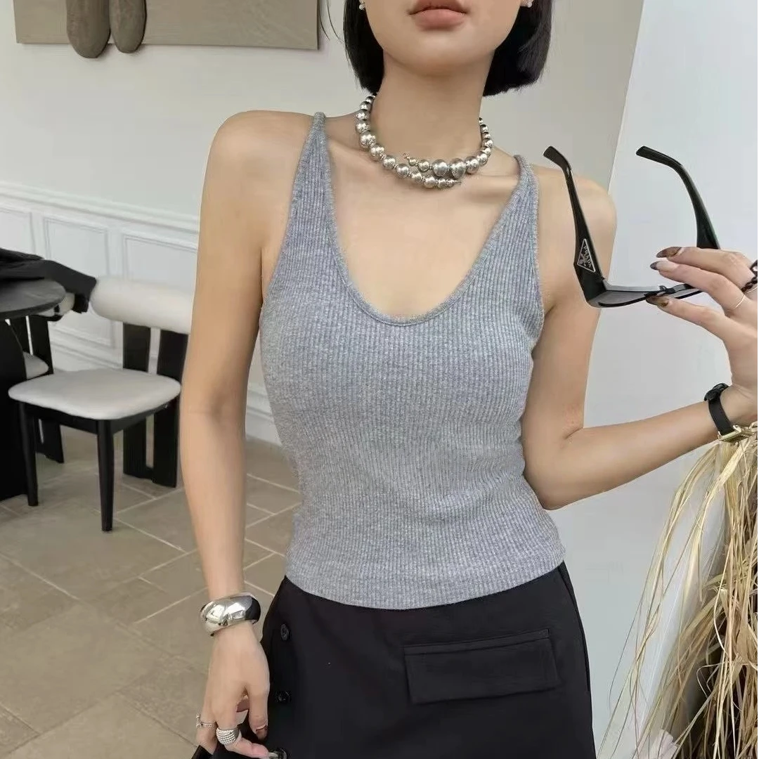 秋款时尚大U纯色吊带背心粗螺纹一体固定杯美背百搭打底外穿背心