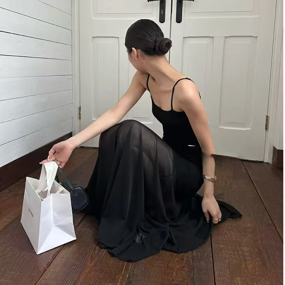 【安安专属】法式简约修身两穿针织拼接网纱吊带连衣裙  可做半裙