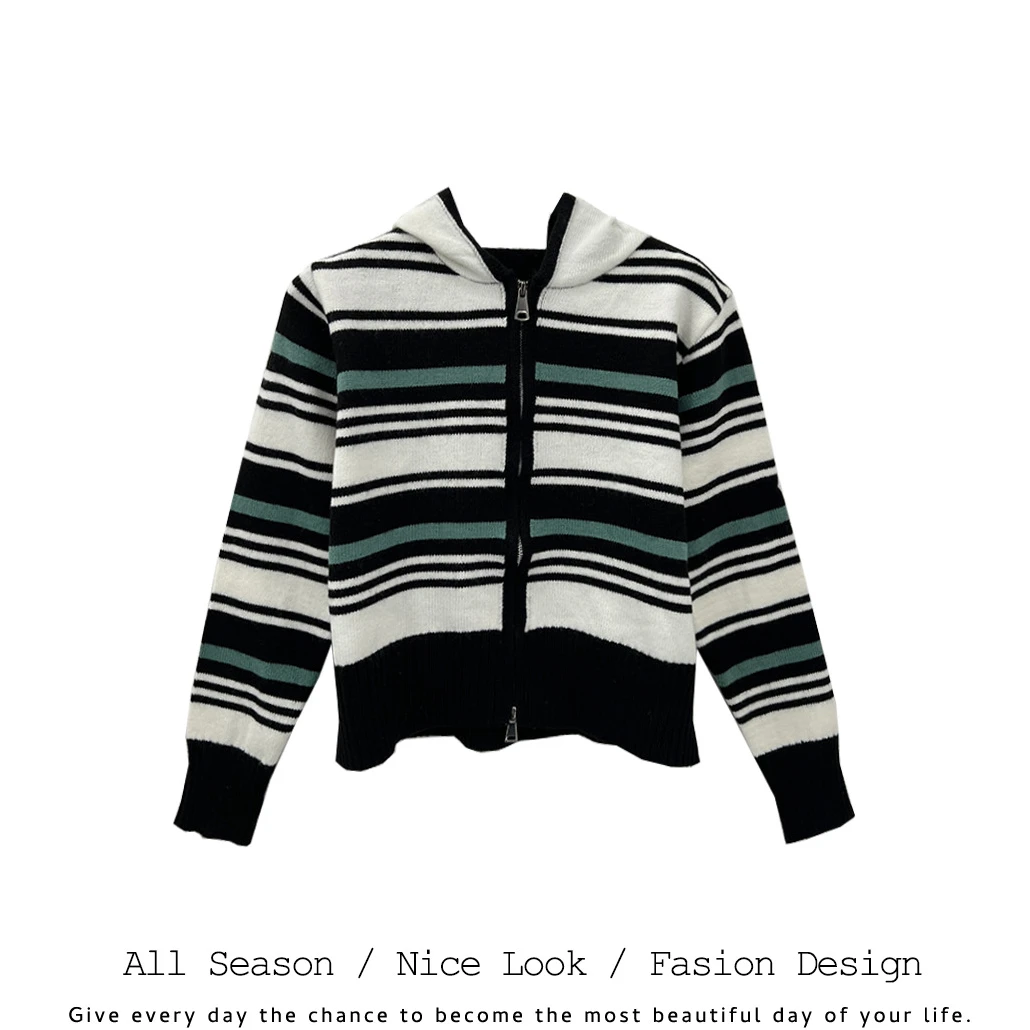 343       时尚条纹撞色设计舒适百搭连帽开衫长袖      款号#022