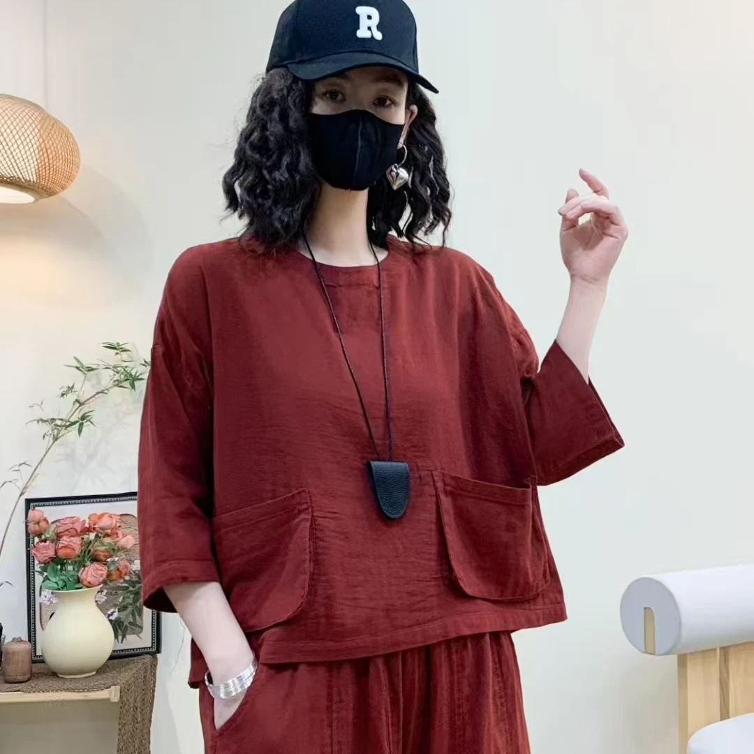 2025新款口袋短款七分袖简约风圆领T恤文艺减龄网红休闲洋气大码