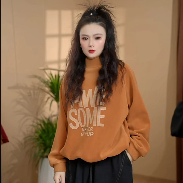 压花冬季宽松型套头圆领秋季卫衣女装加绒宽松春季