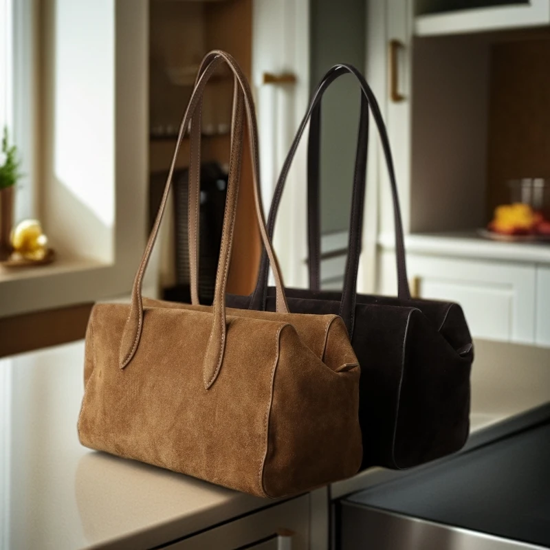 牛皮反绒流浪包麂皮磨砂牛皮通勤休闲托特包女大容量单肩腋下包