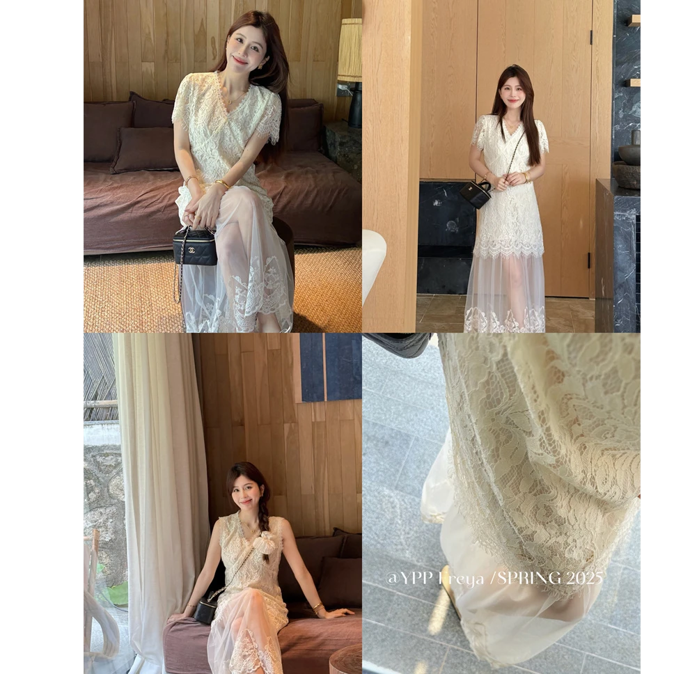 YPP！【白茶月光】法式浪漫~优雅气质 蕾丝下摆拼网纱显瘦连衣裙