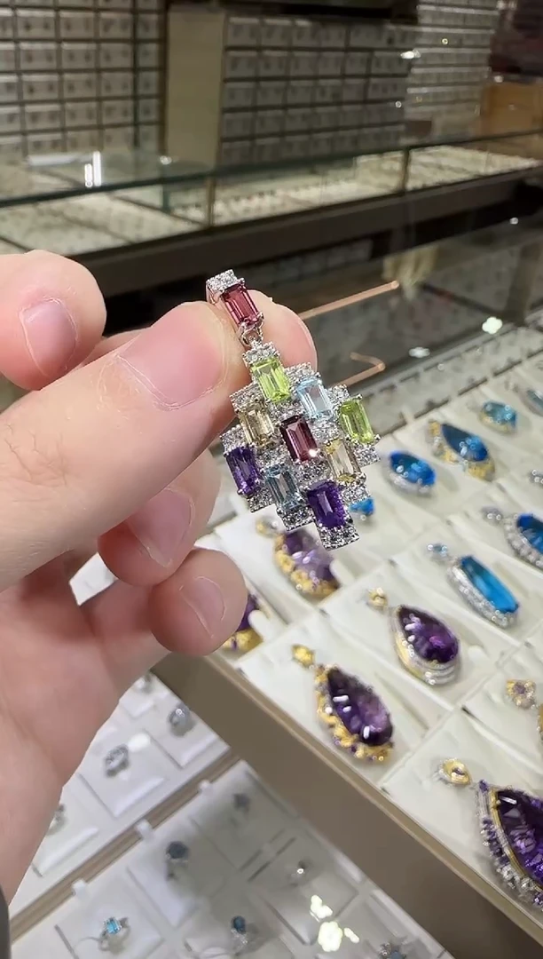 颈饰银S925镶嵌紫晶多彩宝石吊坠