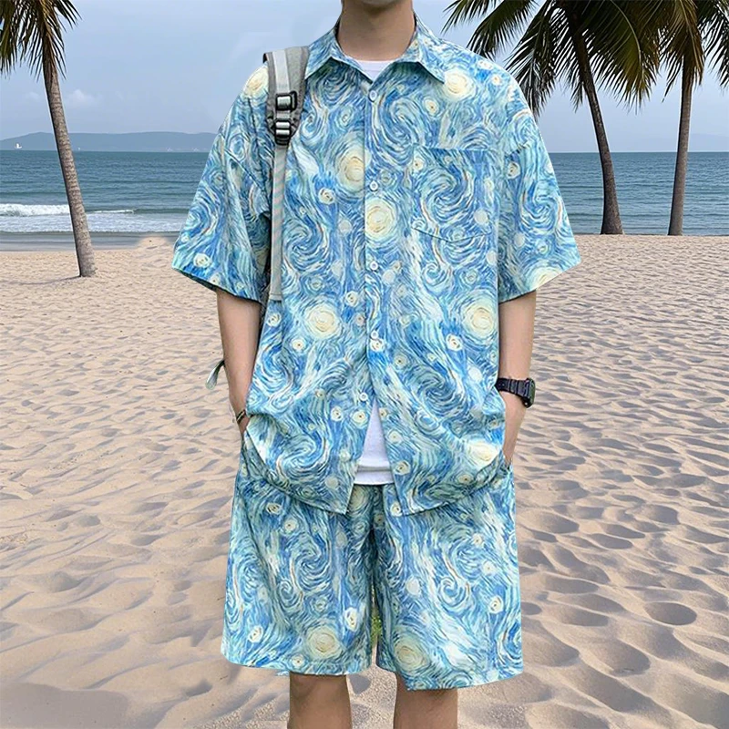 夏威夷海边度假沙滩套装男夏季2025新款宽松显瘦衬衫短裤男两件套