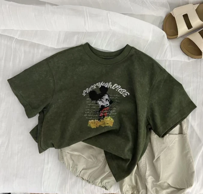 2025年夏季新款儿童短袖休闲百搭宽松时尚洋气80028墨绿色短袖