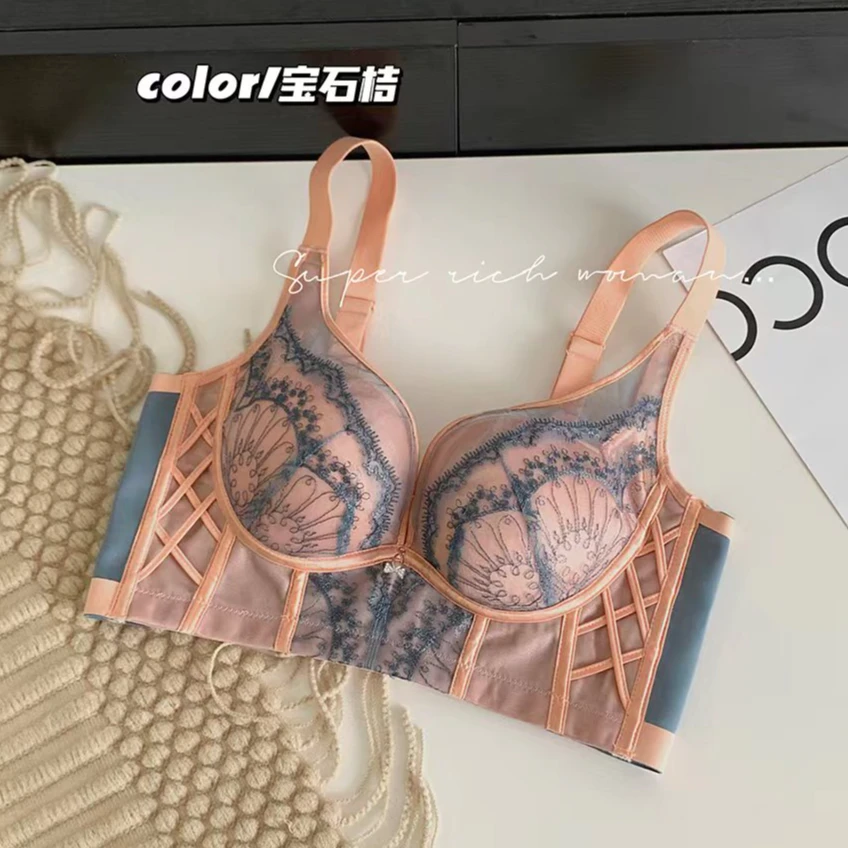 【艾米专属】蓝色霏儿刺绣蕾丝内衣中薄无钢圈聚拢收副乳文胸8915