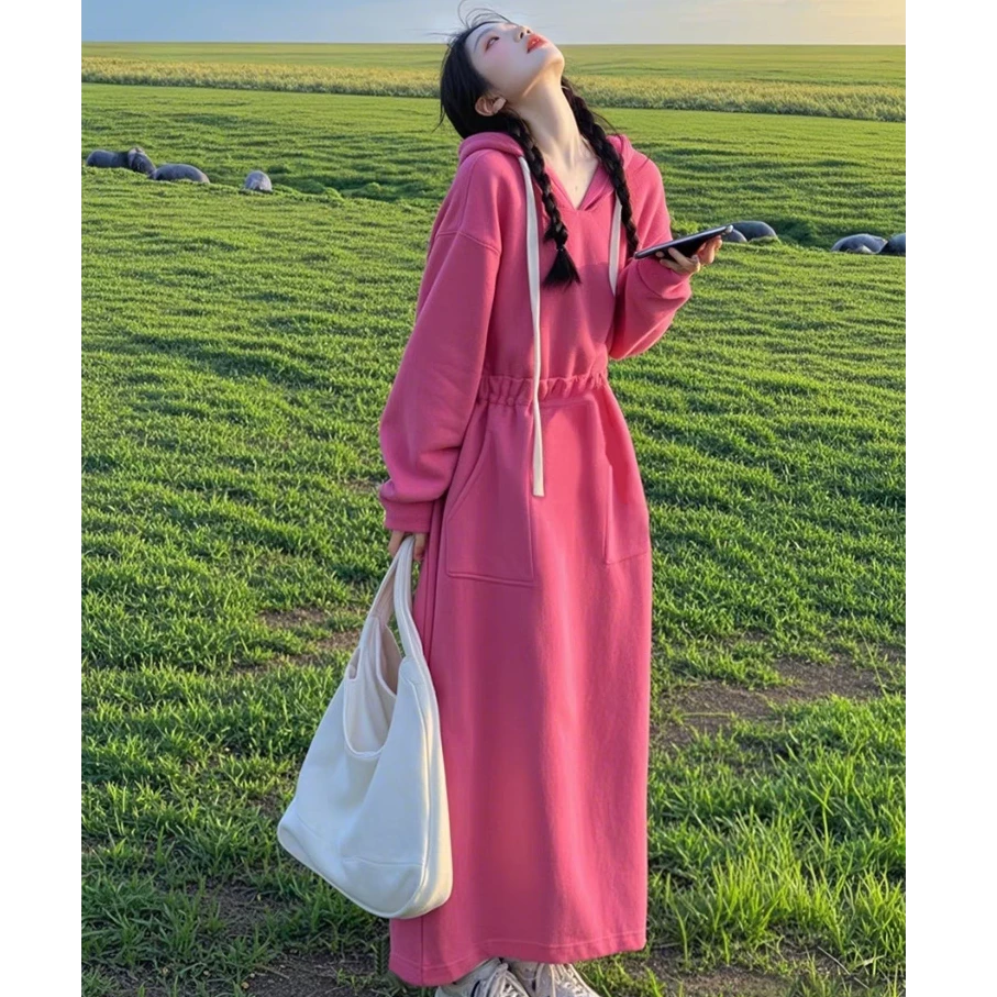2025年新款小个子洋气漂亮独特超好看宽松显瘦粉色连帽卫衣连衣裙
