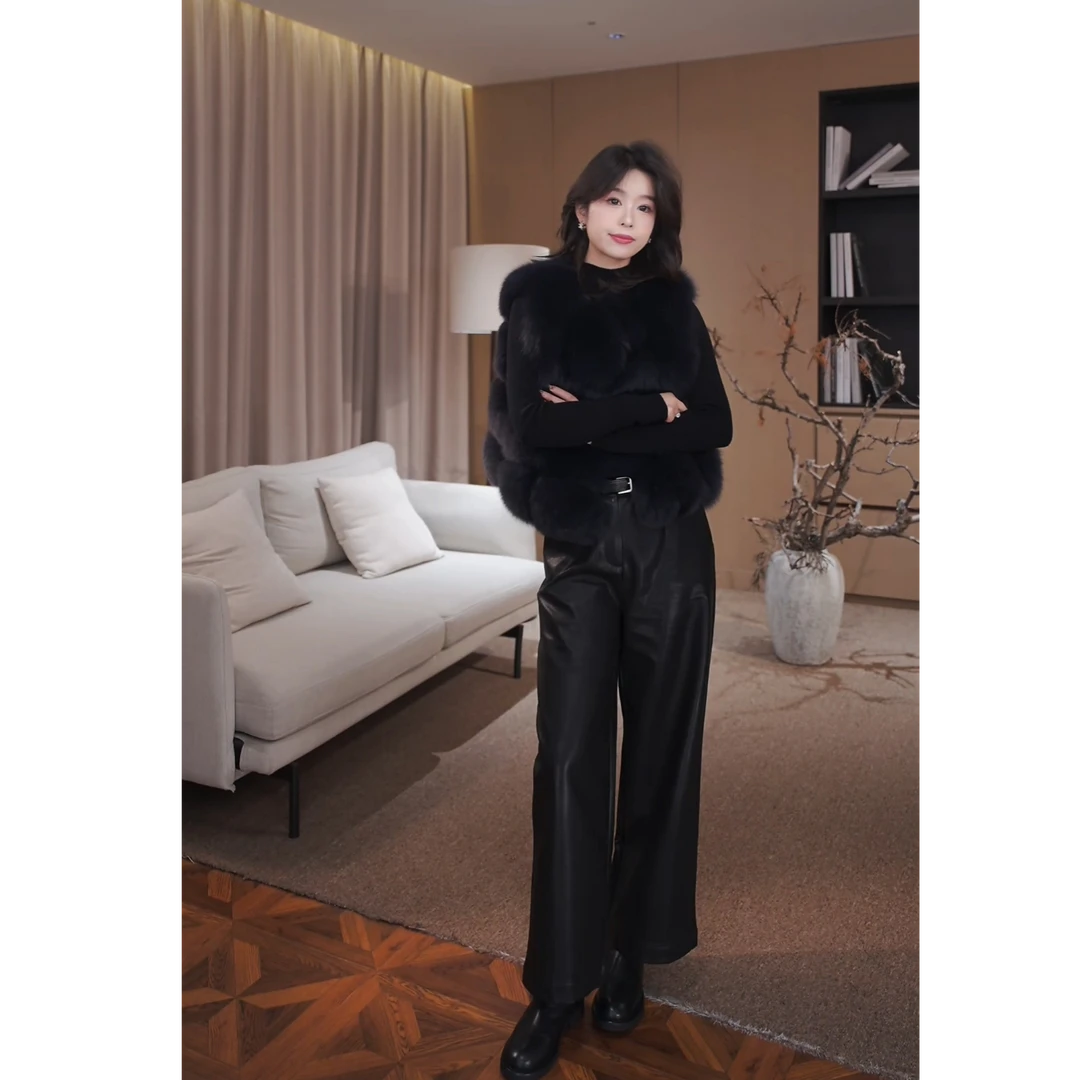 广州琴姐【暗夜骑士】琥珀流光风黑色显瘦直筒皮裤女秋冬新款 7820