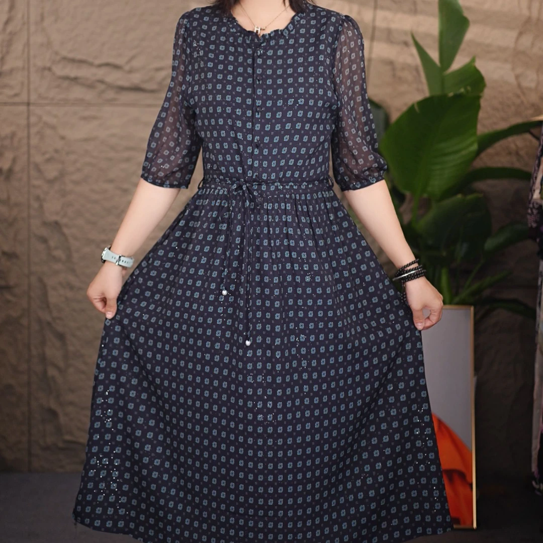 915夏季新款时尚气质显瘦女收腰裙子中长款圆领宽松波点妈妈裙子