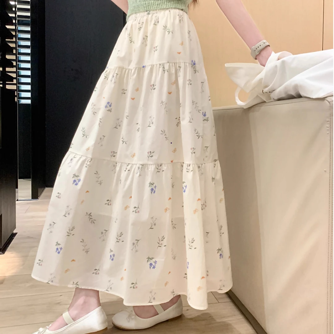 韩系穿搭高腰显瘦碎花蝴蝶长款A字半身裙百搭设计高级感大摆裙