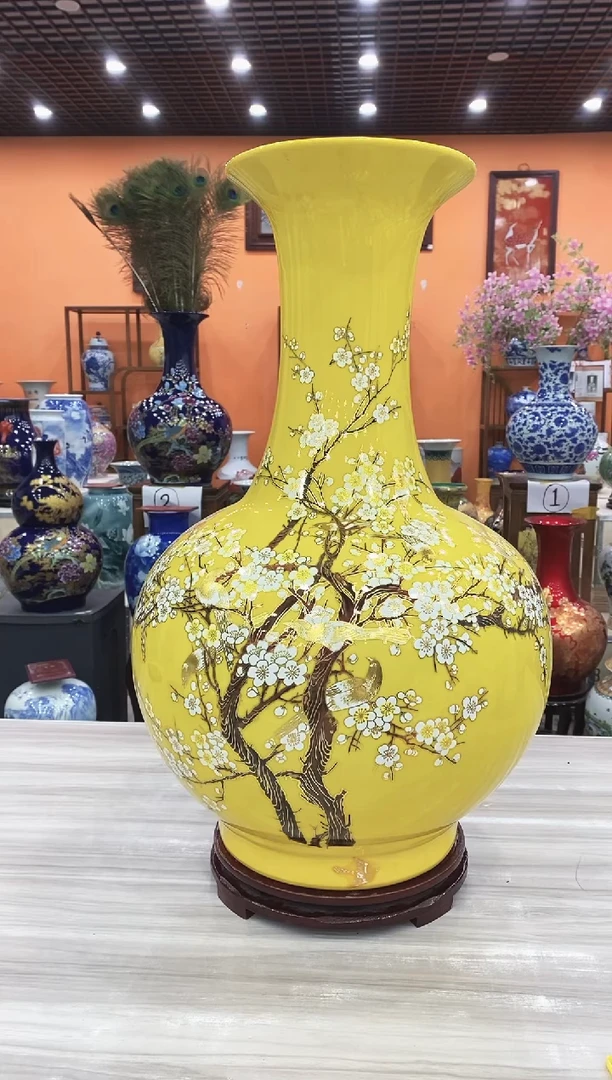 摆件黄色时时报喜高60CM赏瓶+旋转底座