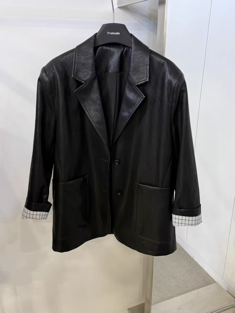 琴春季PU皮秋季皮衣女士绵西装潮流时尚黑色百搭11850