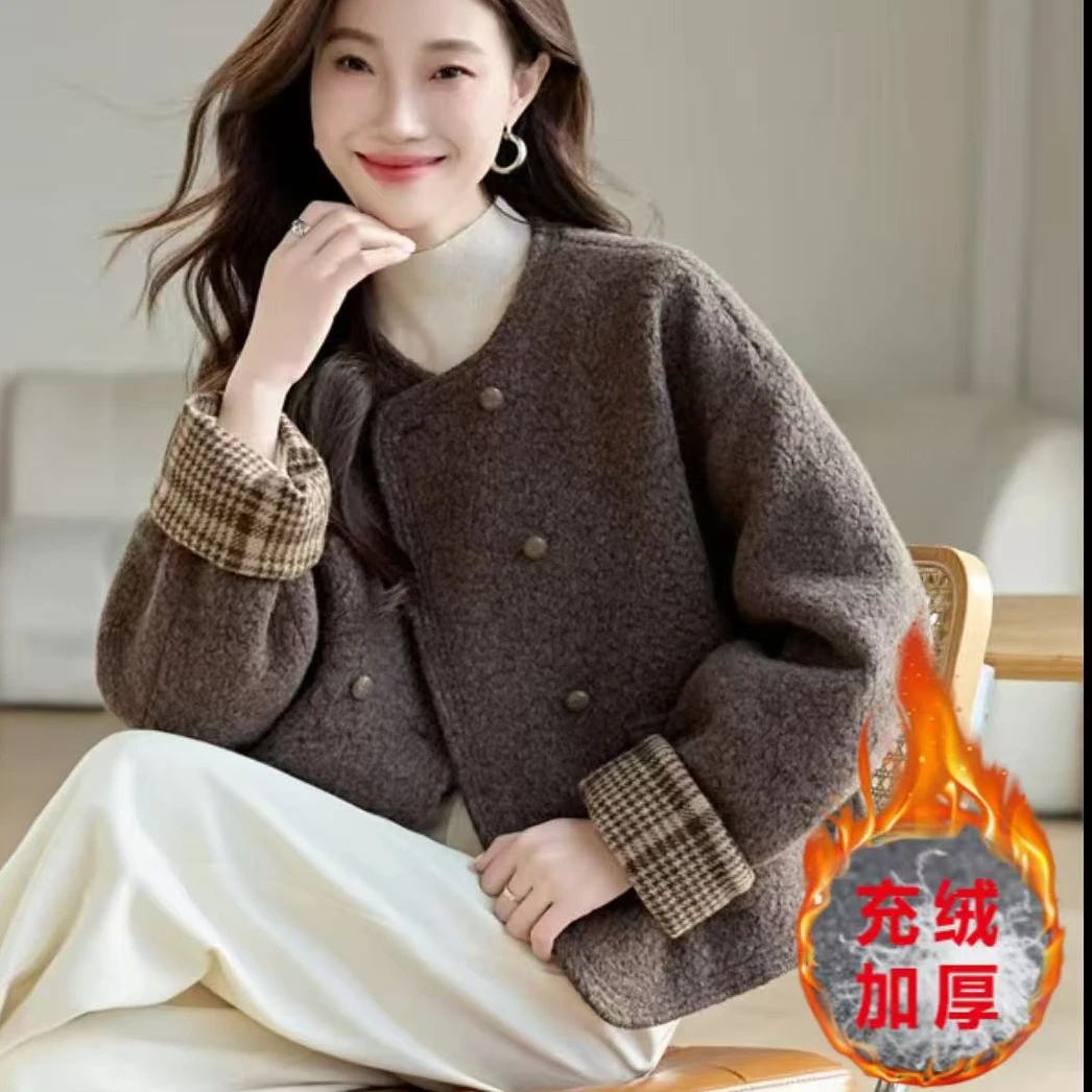 【当天发+运费险】咖色充绒小香风外套时尚保暖高级感双排扣款P2538