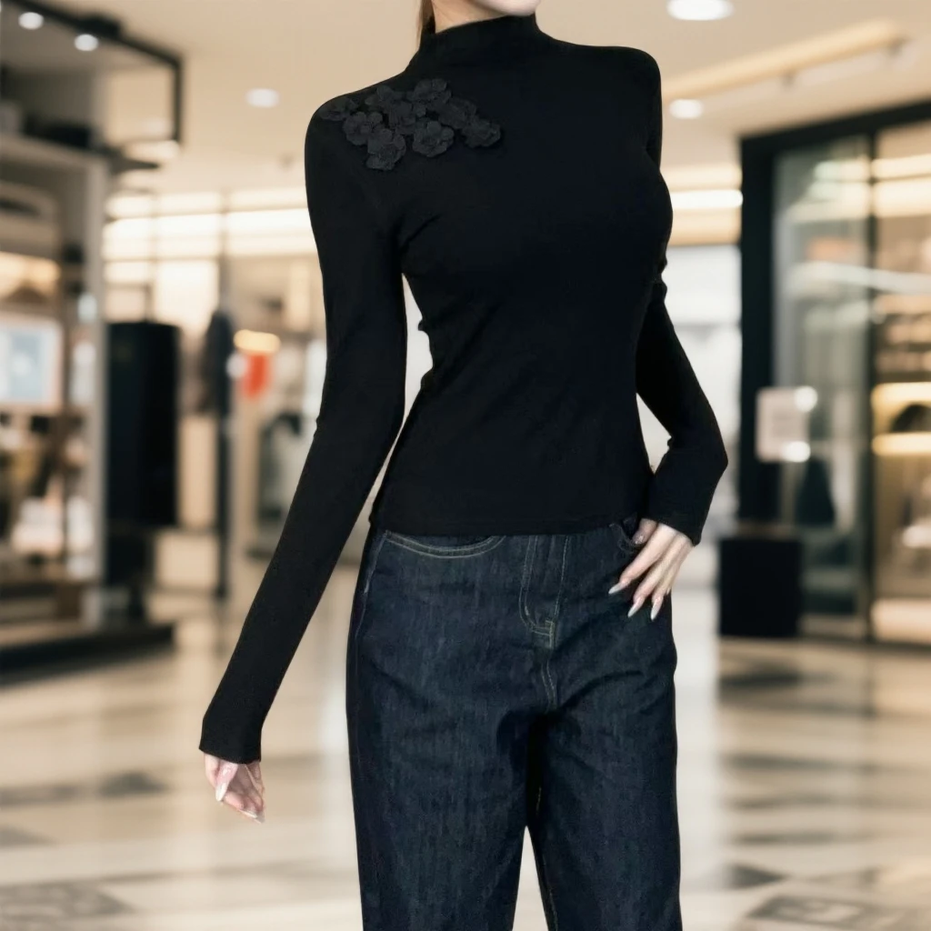 秋冬新款洋气百搭修身显瘦立体花朵长袖打底衫女T恤