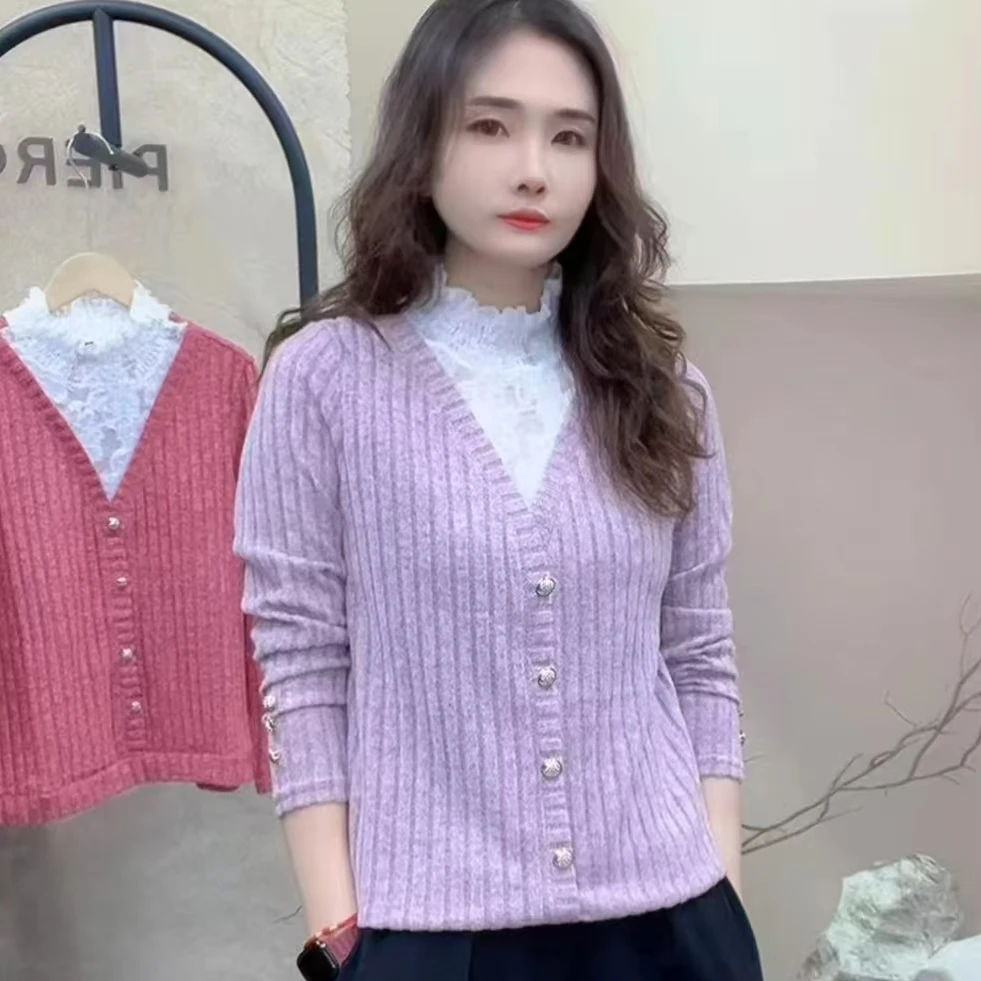 2025年辛苦半高领气质百搭时尚蕾丝打底衫宽松