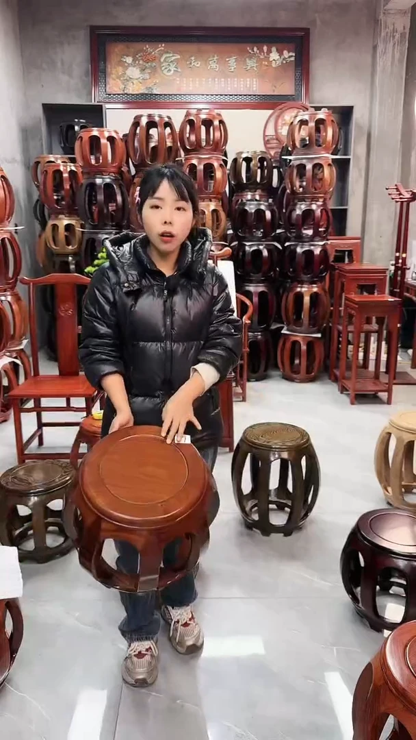 【闪购商品】花梨木类家具微瑕花梨木胡桃色小号鼓凳9号