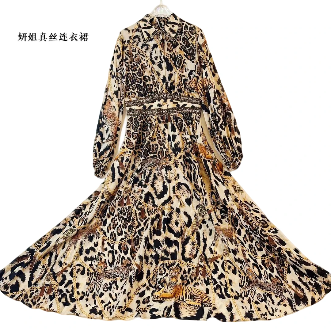 真丝连衣裙2025夏桑蚕丝长袖轻奢烫钻时尚优雅 豹纹色 230512