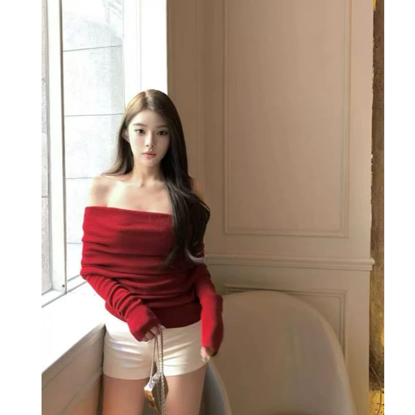 早春甜美风气质辣妹高级感一字肩长袖针织上衣高腰百搭休闲短裤女