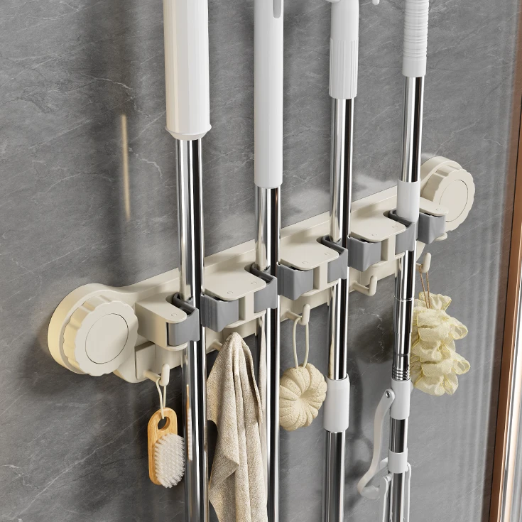 轻奢免打孔拖把夹收纳壁挂置物浴室阳台拖把架挂壁神器【4夹5钩】