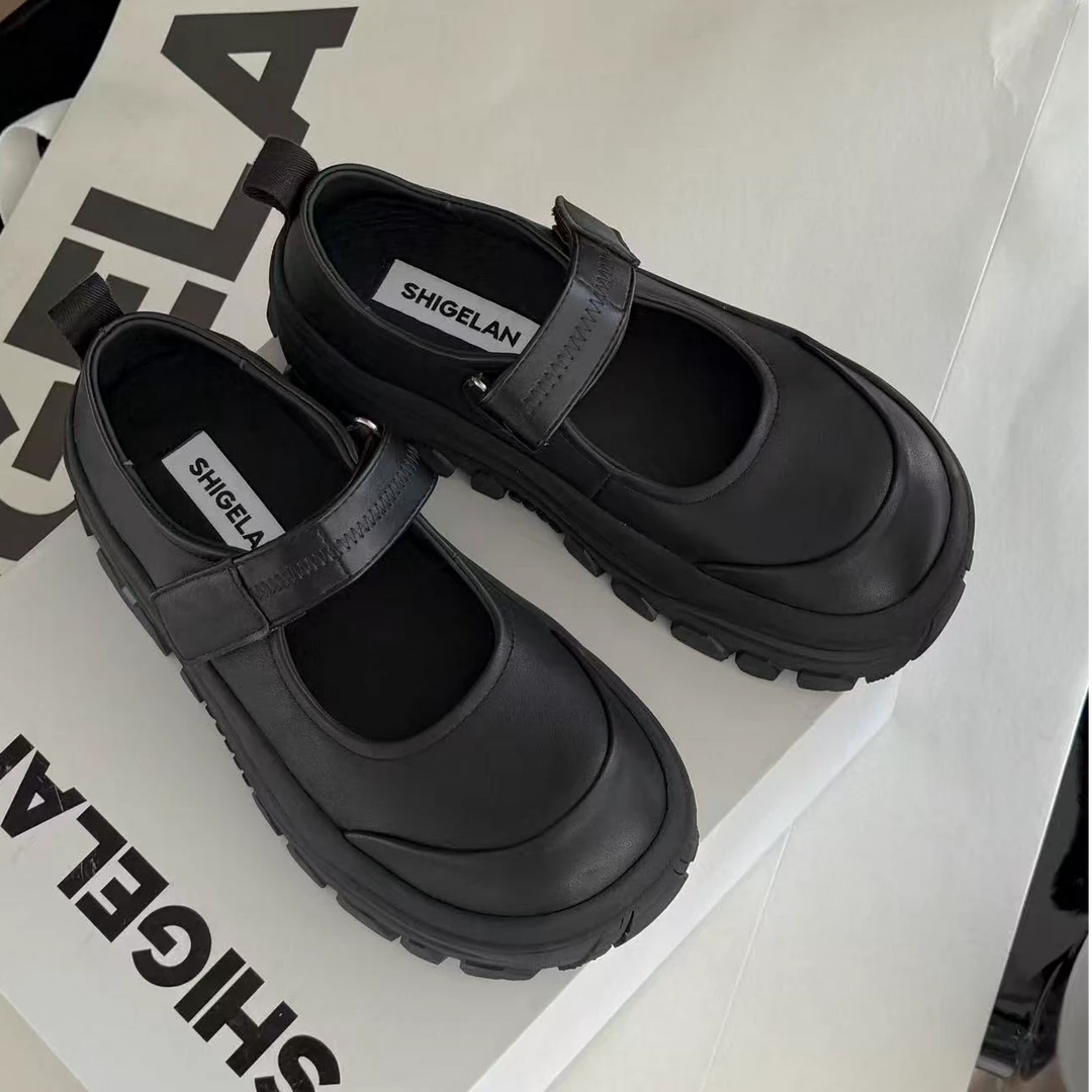 诗歌兰真皮女鞋2025秋新款百搭厚底增高魔术贴软底舒适玛丽珍单鞋