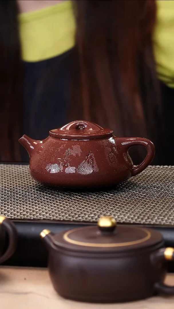 茶壶紫砂底漕清超精工刻绘景舟石瓢160cc