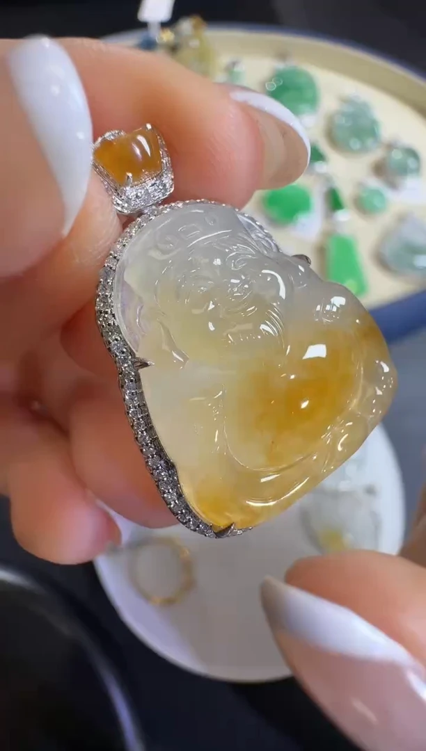 翡翠18K金镶嵌吊坠(不含链)【源头工厂】18k金钻石镶嵌