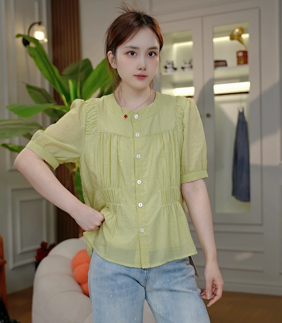 (花宝)夏季新款圆领纯色细闪小衫显瘦休闲小上衣2939