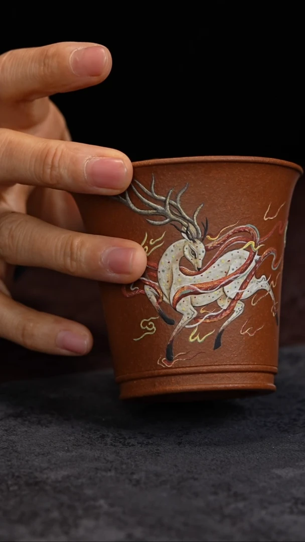 【闪购商品】紫砂茶杯五色鹿 降坡泥 泥绘160cc