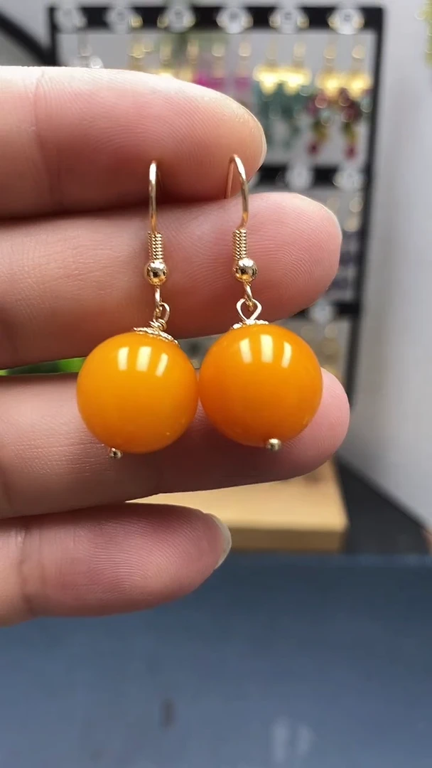 银S925镀金镶嵌蜜蜡耳饰尺寸14mmC3