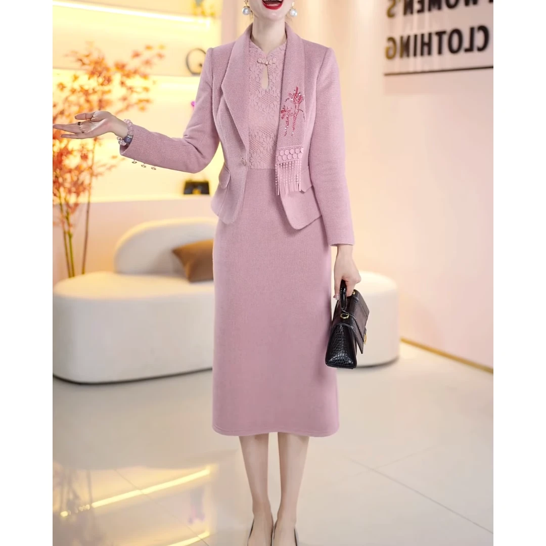 拉夏贝尔高雅轻熟风套装裙2025秋冬新款气质减龄后妈裙外套两件套