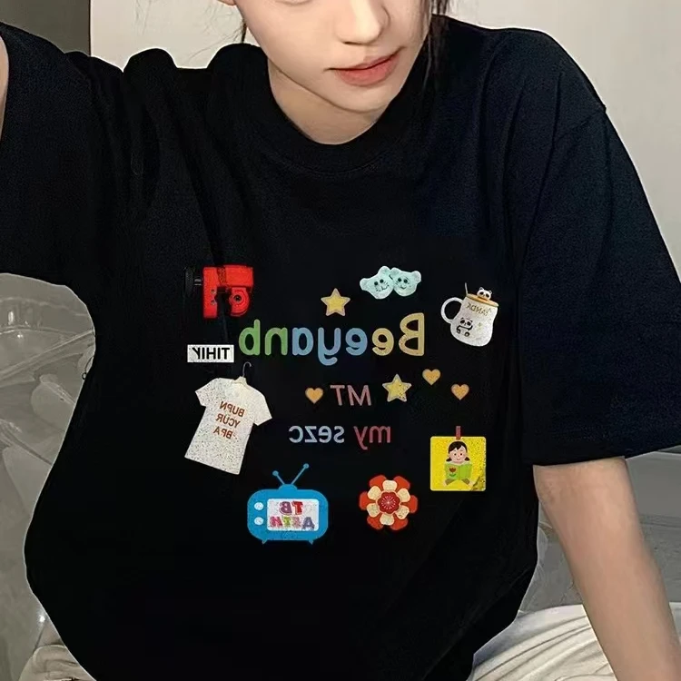 美式设计感趣味印花短袖T恤女夏季黑色宽松显瘦遮臀时尚百搭上衣