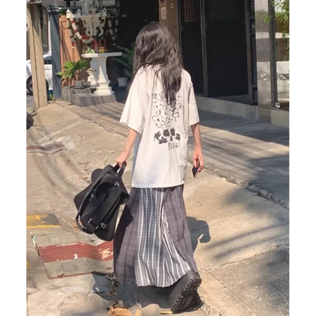 朵儿定制 复古拼接撞色格子长款半身裙IM74