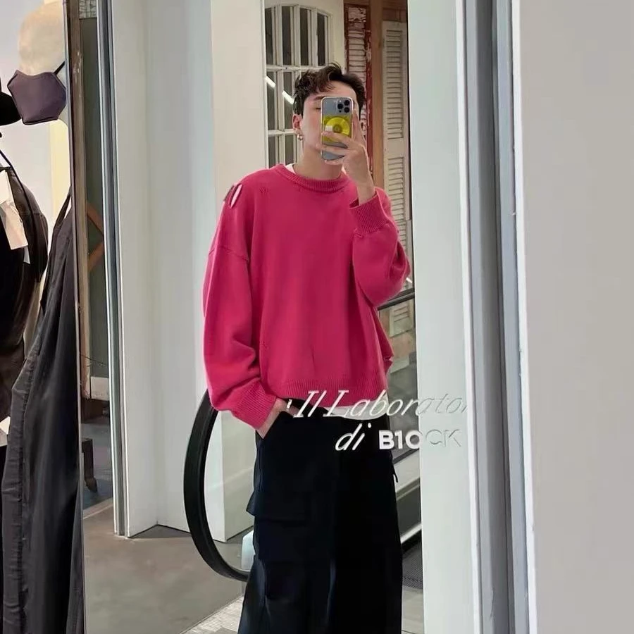 粉色破洞毛衣针织衫、