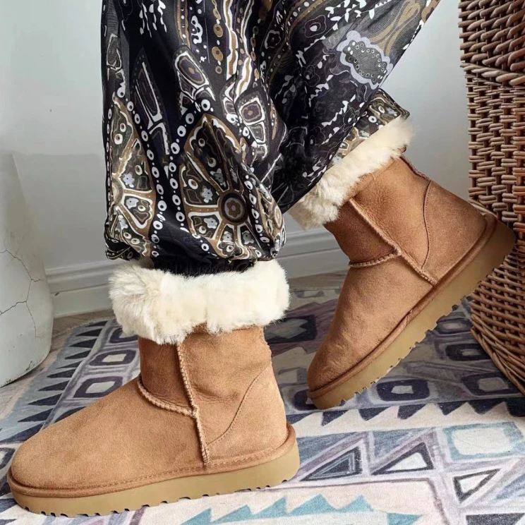 中筒雪地靴女冬季皮毛一体正宗河南桑坡加绒加厚防滑东北雪地棉鞋