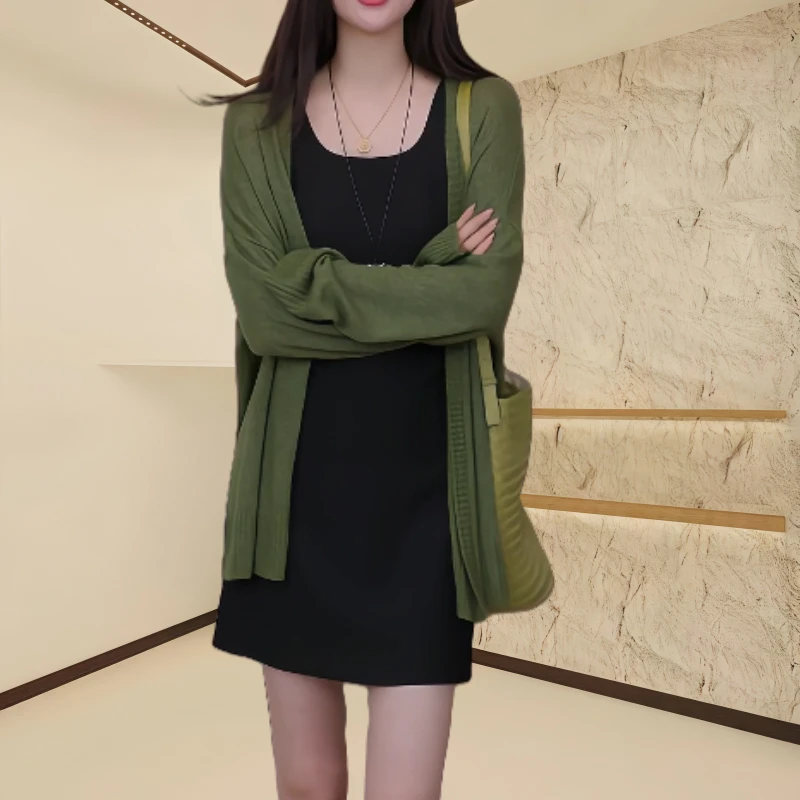 休闲慵懒风薄款针织百搭时尚长袖开衫2025早秋素纯色通勤开衫上衣
