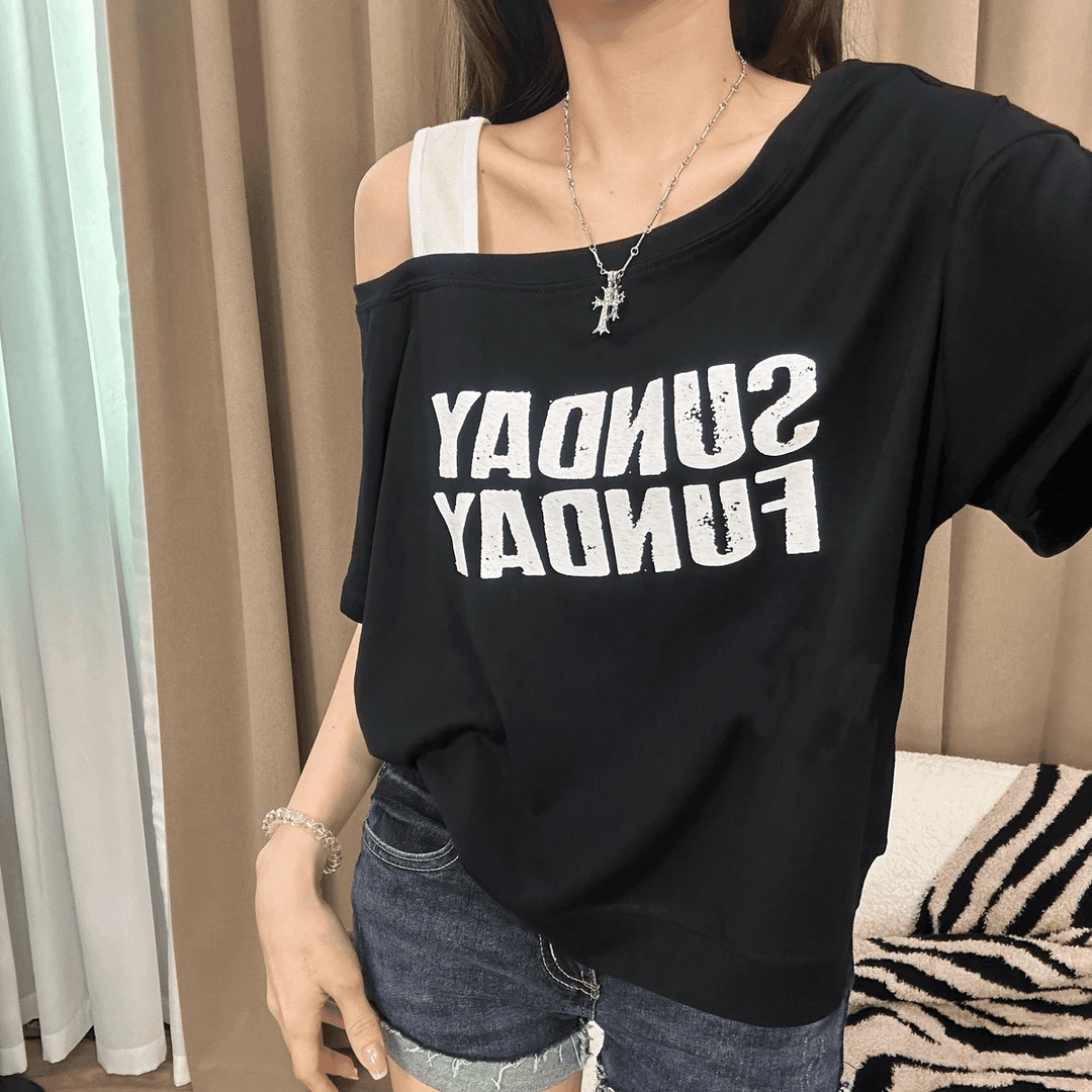 2025夏季斜肩吊带撞色字母休闲印花短袖T桖时尚宽松显瘦百搭韩版