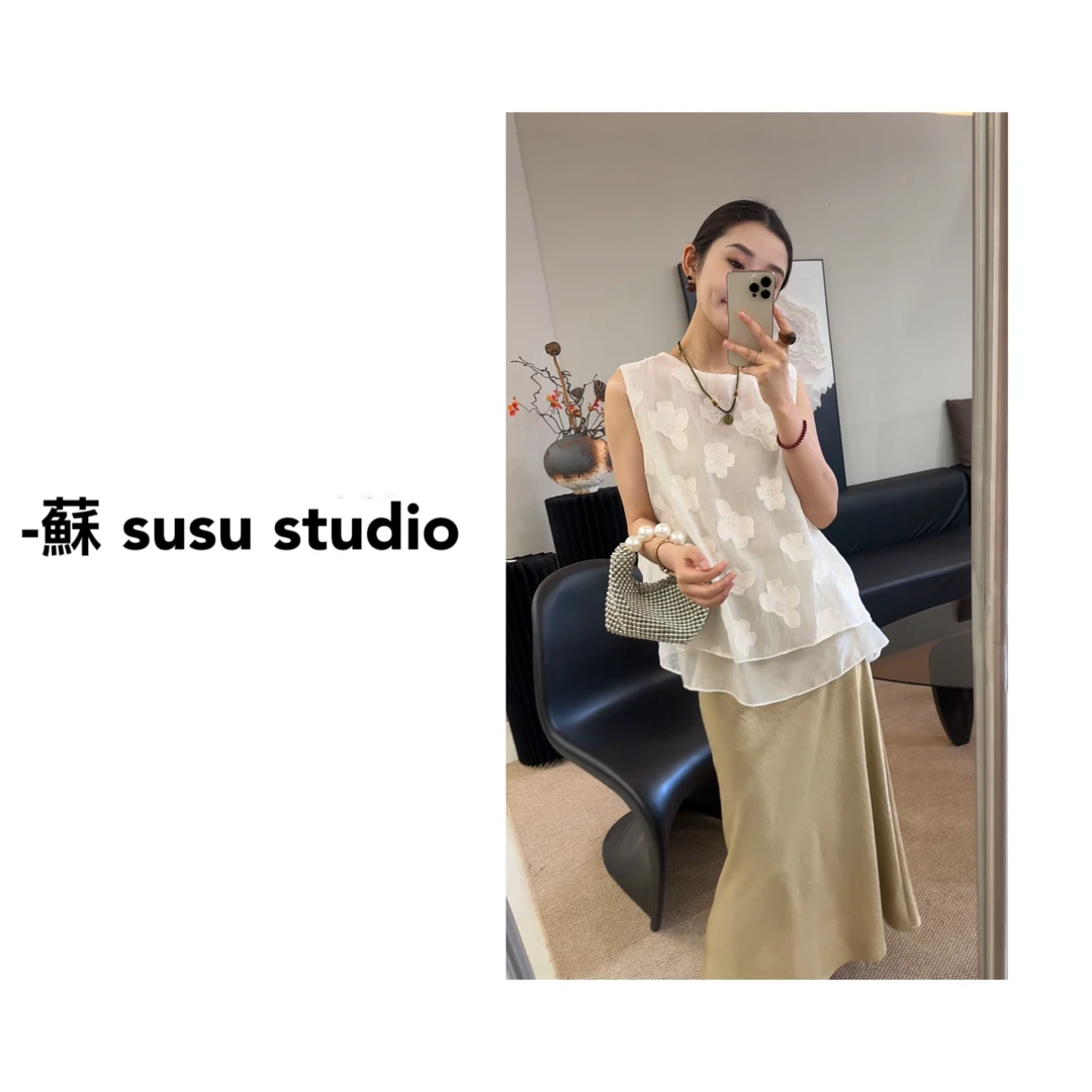 新中式立体花朵刺绣假两件无袖背心女2025年夏季新款上衣237