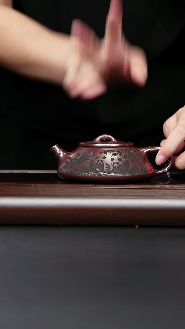紫砂壶宜兴紫砂 熊猫竹节线瓢 石红 李恒阳