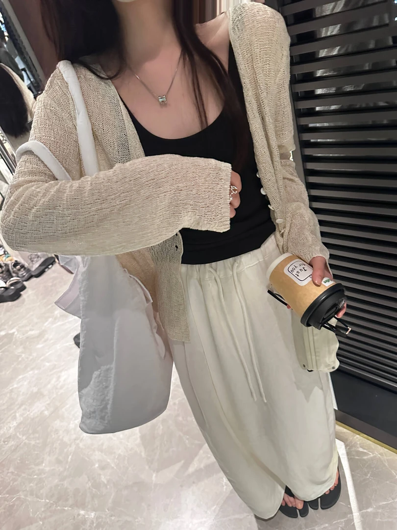 杨十七 麻胚白半系扣设计感镂空亚麻针织开衫慵懒感防晒空调衫
