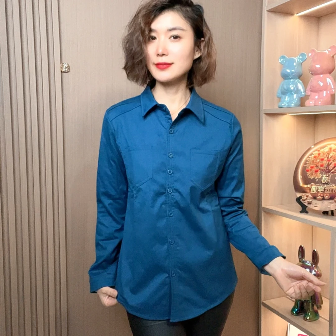 加绒衬衫女春秋显瘦衬衣长袖蓝色时尚休闲翻领大码气质百搭打底