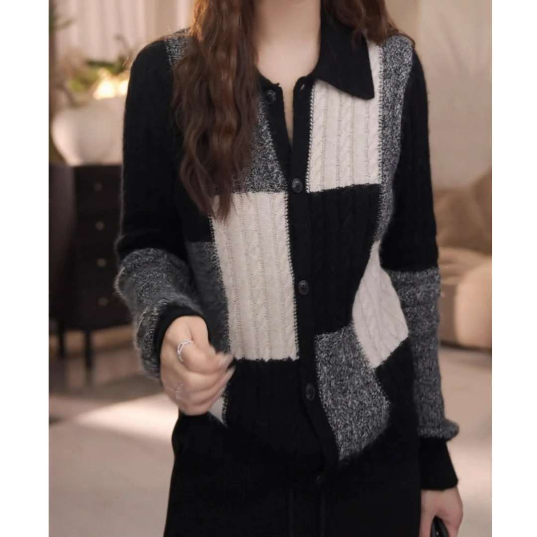 时尚复古格子撞色翻领针织开衫2025秋冬新款洋气显瘦高级感上衣