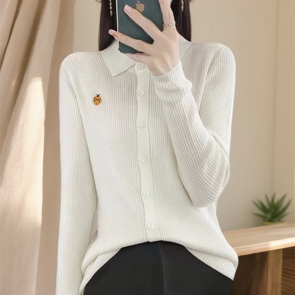 【杏色小蜜蜂开衫】透气时尚提花刺绣针织衫POLO衫开衫