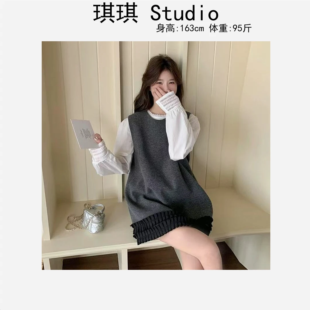 新年款轻奢高级感花边白色衬衫下摆拼色褶皱背心裙两件套88533-C