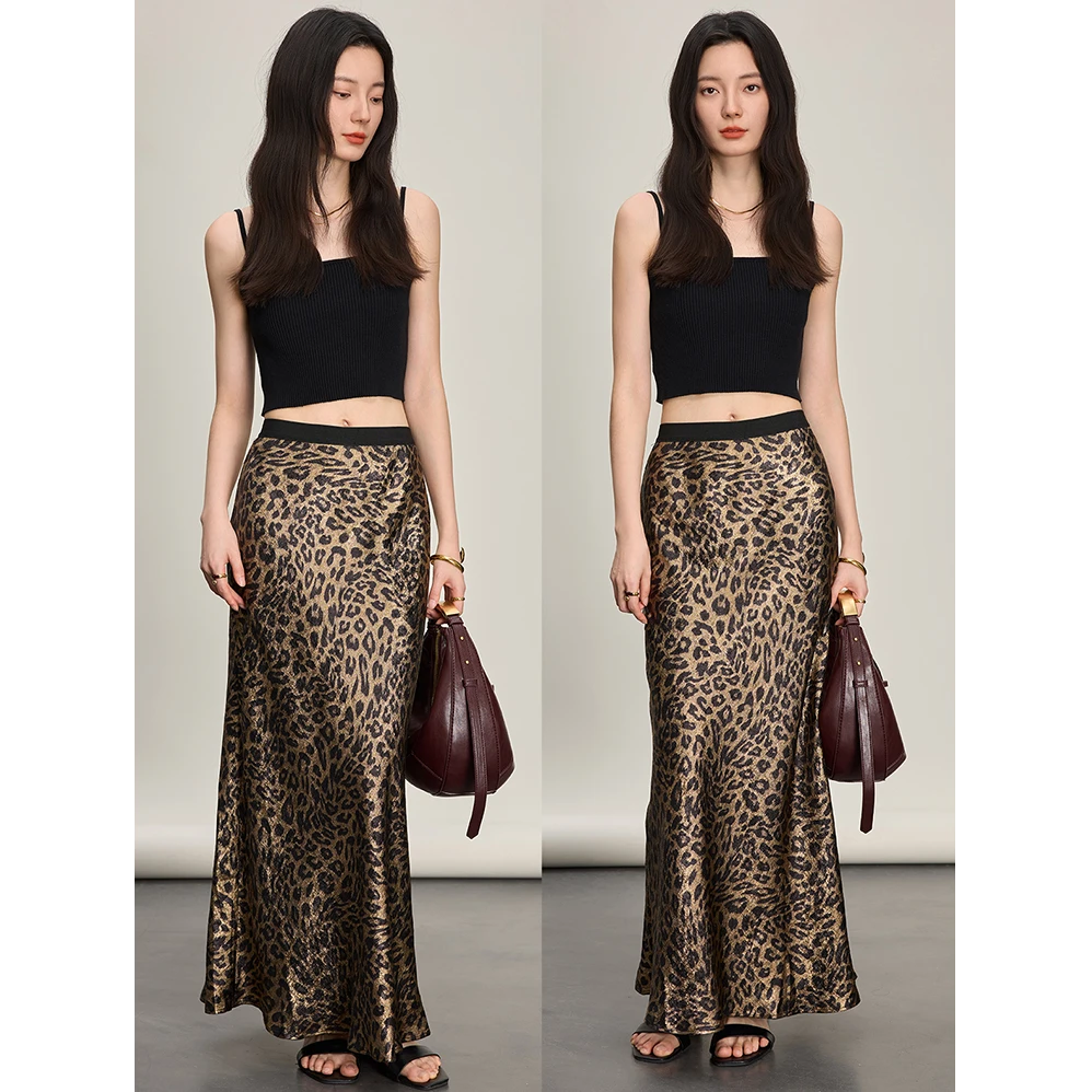 舒适丝滑光泽感豹纹鱼尾裙女新款法式复古辣妹修身显瘦包臀裙