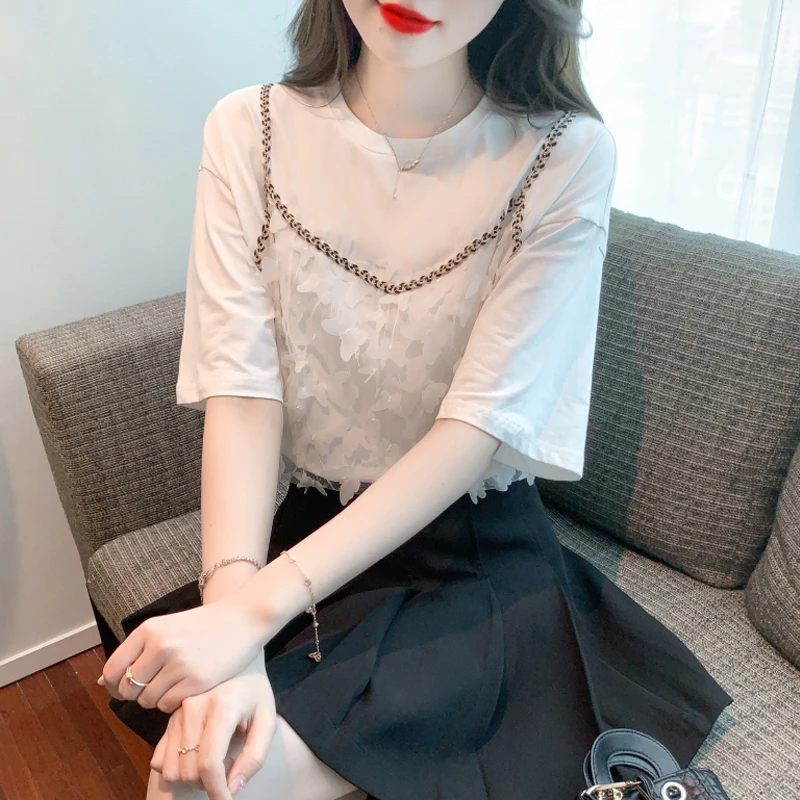 夏季新款假两件设计感白色短袖T恤女韩版小众甜美圆领上衣云伊卡