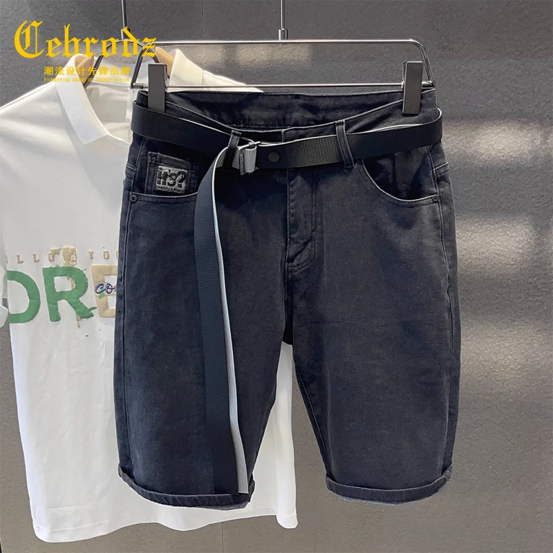 法国Cebrodz黑灰色牛仔短裤男修身直筒中腰青年半腿五分裤中裤