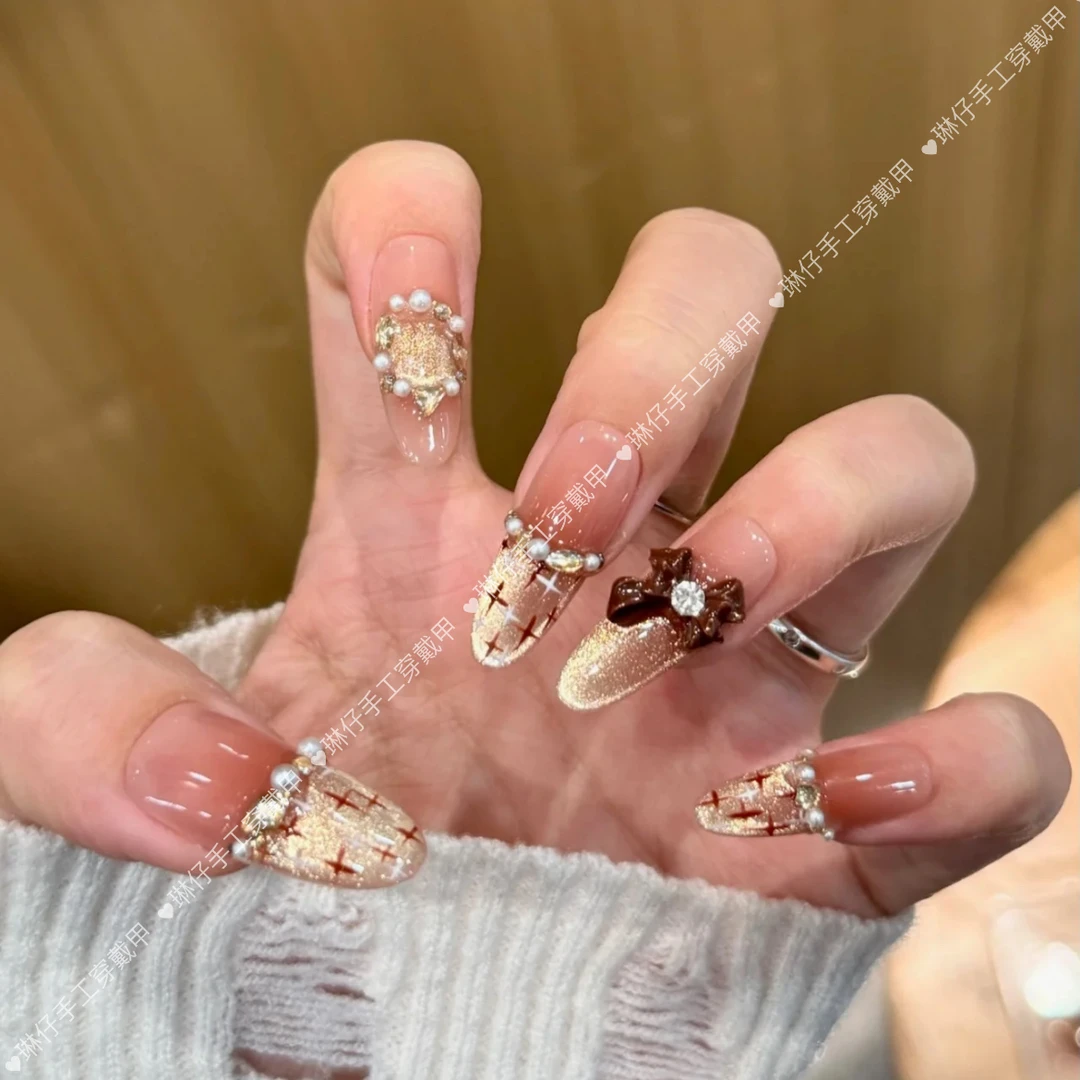 可可小香纯手工光疗美甲贴果冻贴片指甲穿戴甲简约梯形重复使用