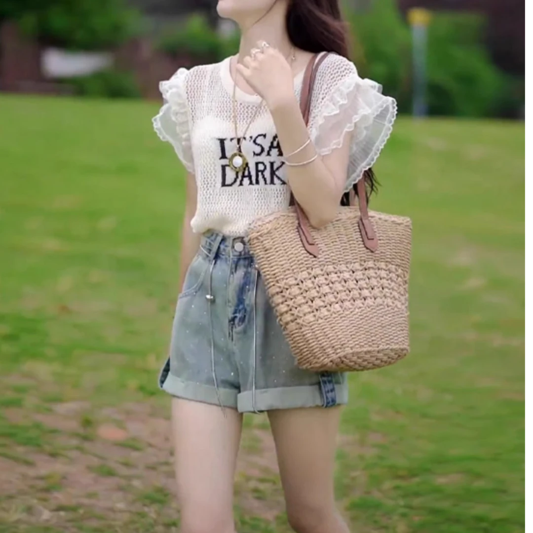 省心穿搭韩版时尚慵懒风女2025春夏新款气质镂空字母针织衫上衣