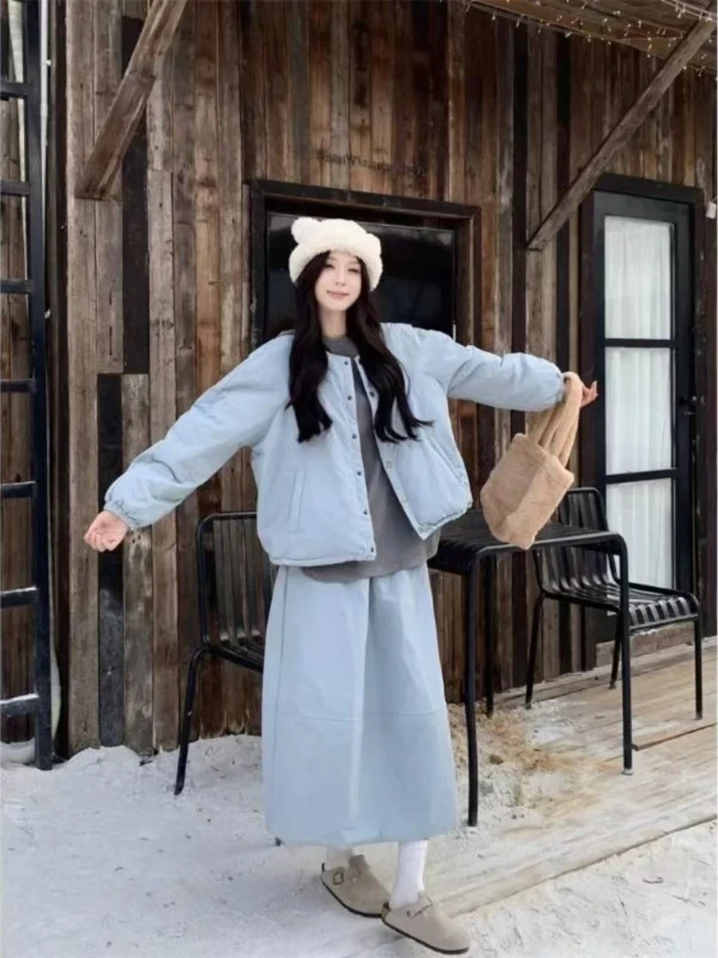 2024年冬季新款设计感两件套圆领韩系宽松棉服+半身裙套装女8237